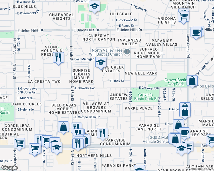 map of restaurants, bars, coffee shops, grocery stores, and more near 1830 East Grovers Avenue in Phoenix