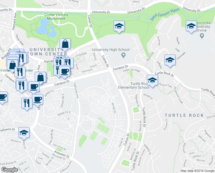 map of restaurants, bars, coffee shops, grocery stores, and more near 28803 Arroyo Drive in Irvine