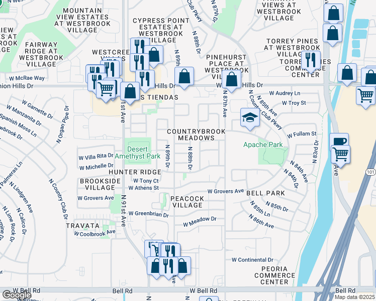 map of restaurants, bars, coffee shops, grocery stores, and more near 8834 West Michelle Drive in Peoria