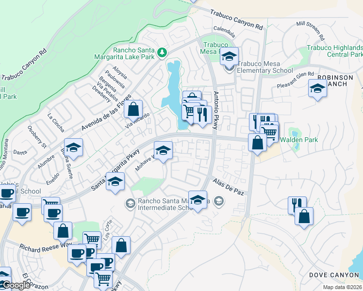 map of restaurants, bars, coffee shops, grocery stores, and more near in Rancho Santa Margarita