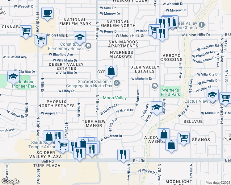map of restaurants, bars, coffee shops, grocery stores, and more near 17815 North 13th Avenue in Phoenix