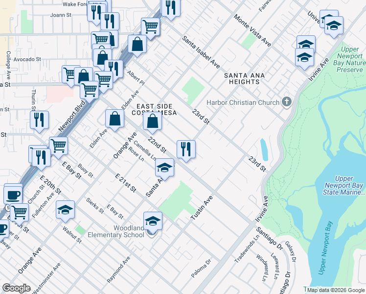 map of restaurants, bars, coffee shops, grocery stores, and more near 2225 Santa Ana Avenue in Costa Mesa