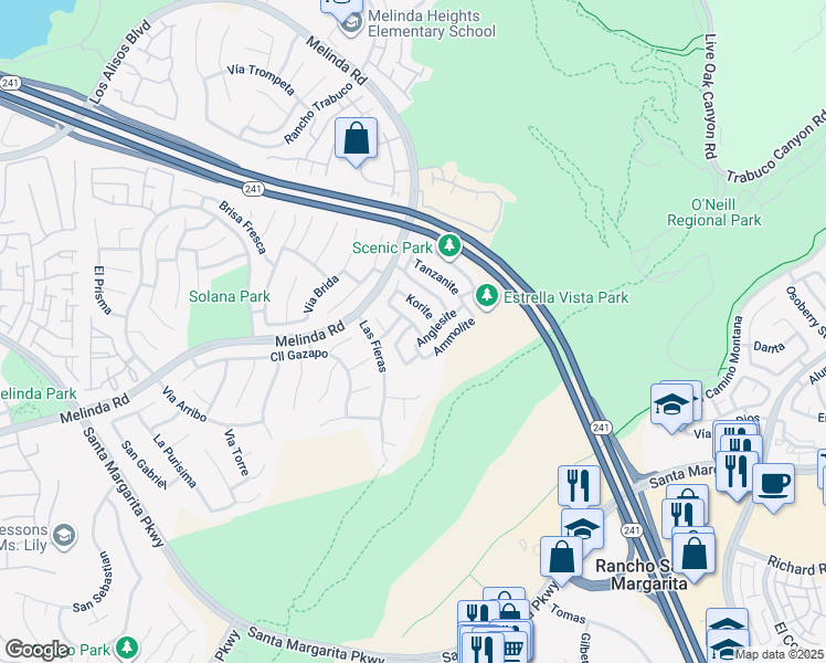 map of restaurants, bars, coffee shops, grocery stores, and more near 2 Feldspar Way in Rancho Santa Margarita