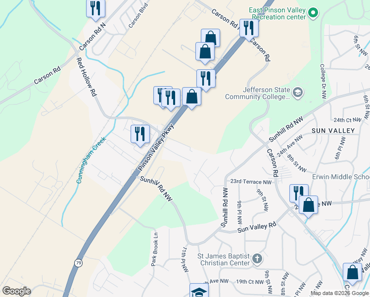 map of restaurants, bars, coffee shops, grocery stores, and more near 202 Pinson Place in Birmingham
