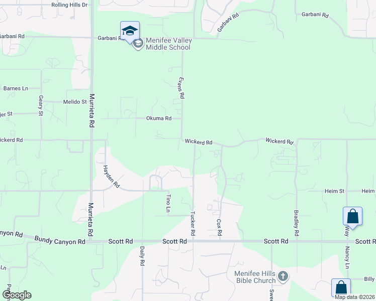 map of restaurants, bars, coffee shops, grocery stores, and more near 26031 Wickerd Road in Menifee