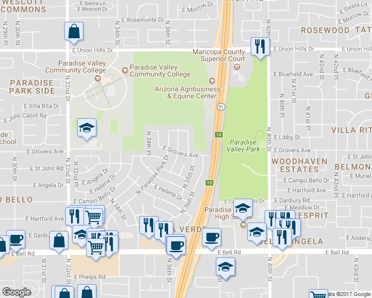 map of restaurants, bars, coffee shops, grocery stores, and more near 17808 North 35th Place in Phoenix