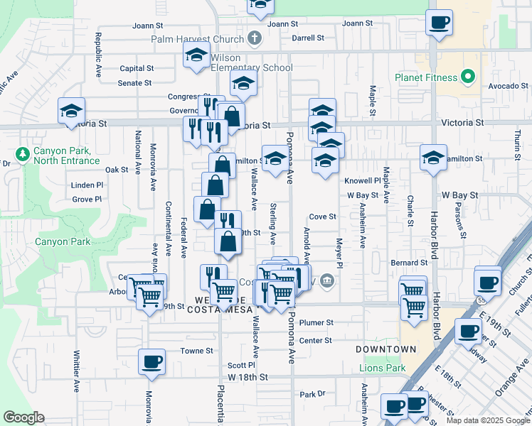 map of restaurants, bars, coffee shops, grocery stores, and more near 2025 Pomona Avenue in Costa Mesa