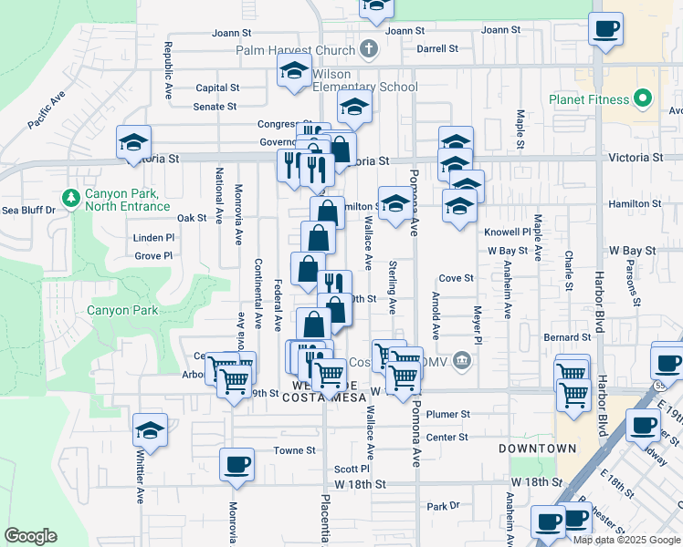 map of restaurants, bars, coffee shops, grocery stores, and more near 780 Wonder Lane in Costa Mesa