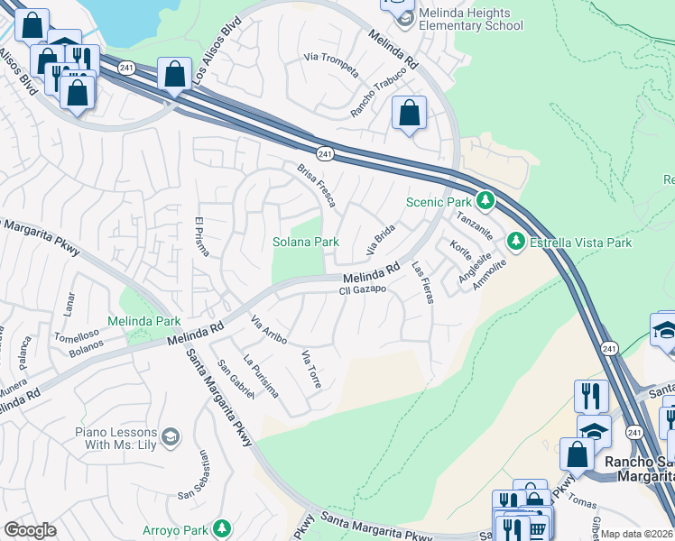 map of restaurants, bars, coffee shops, grocery stores, and more near 2 Via Frontera in Rancho Santa Margarita