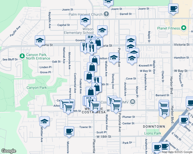 map of restaurants, bars, coffee shops, grocery stores, and more near 790 Wonder Lane in Costa Mesa