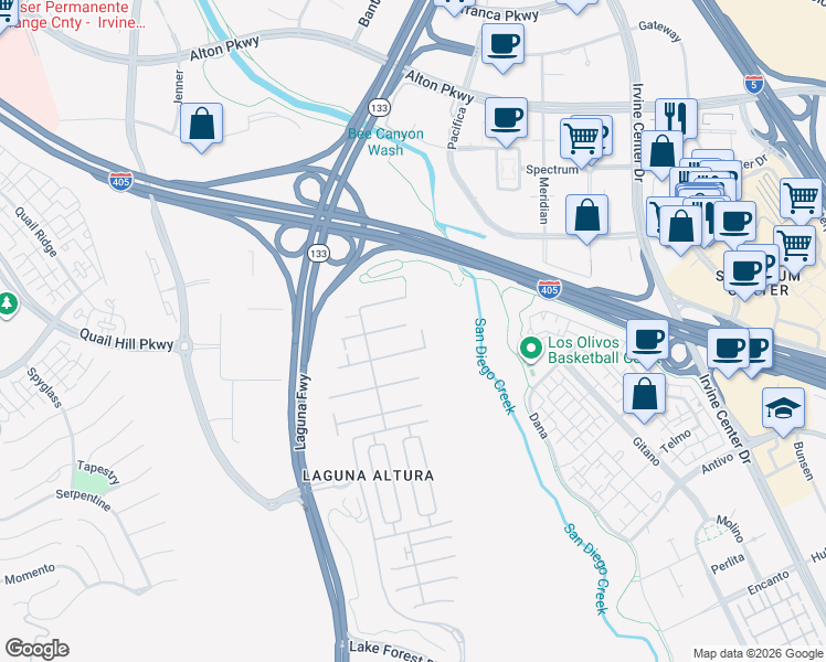 map of restaurants, bars, coffee shops, grocery stores, and more near 100 Brindisi in Irvine