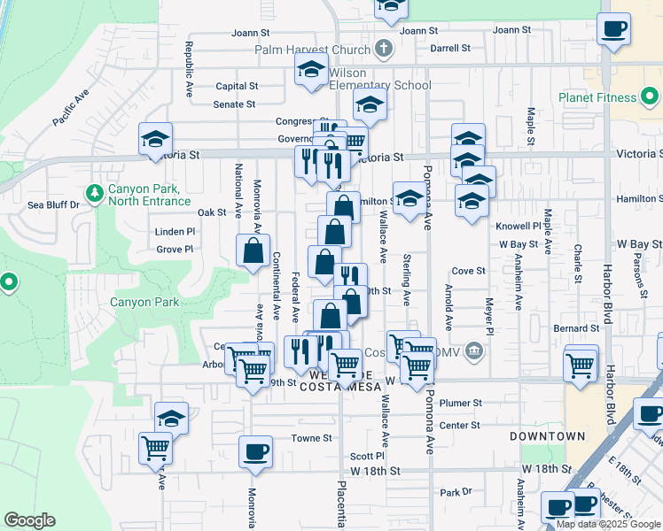 map of restaurants, bars, coffee shops, grocery stores, and more near 2061 West Place Drive in Costa Mesa