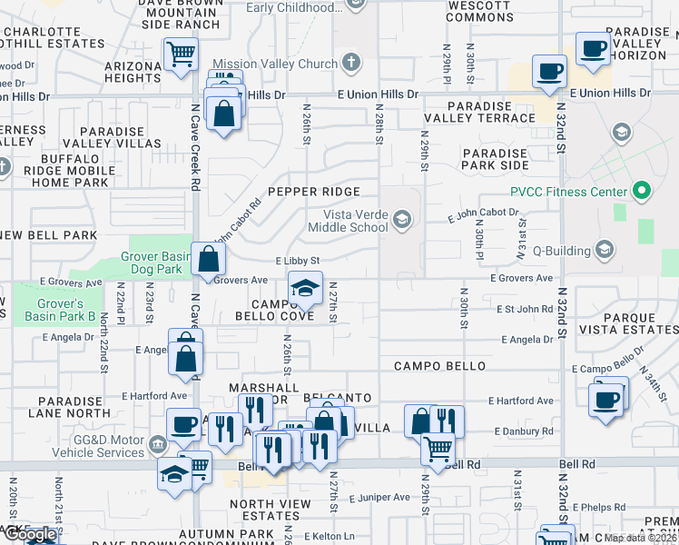 map of restaurants, bars, coffee shops, grocery stores, and more near 2650 East Grovers Avenue in Phoenix