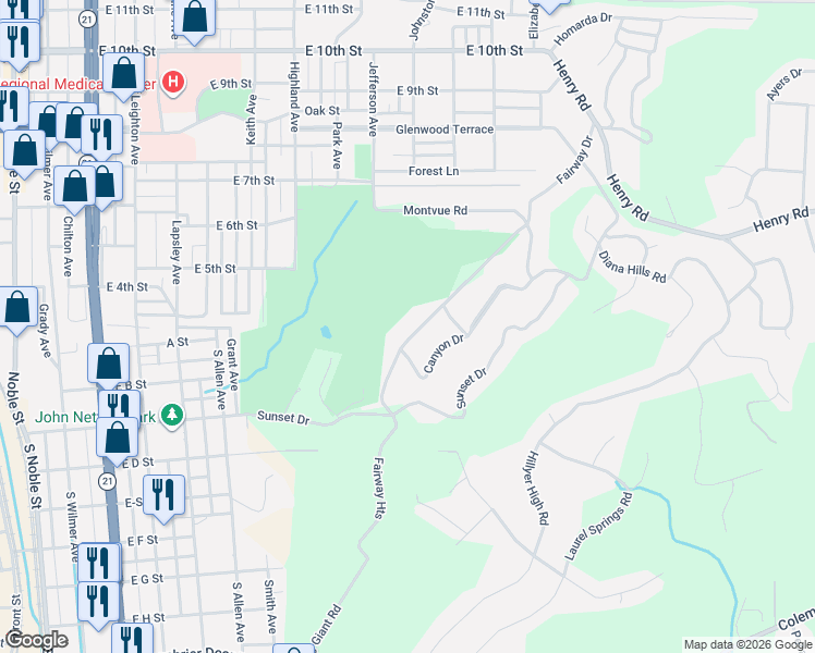 map of restaurants, bars, coffee shops, grocery stores, and more near 104 Fairway Drive in Anniston