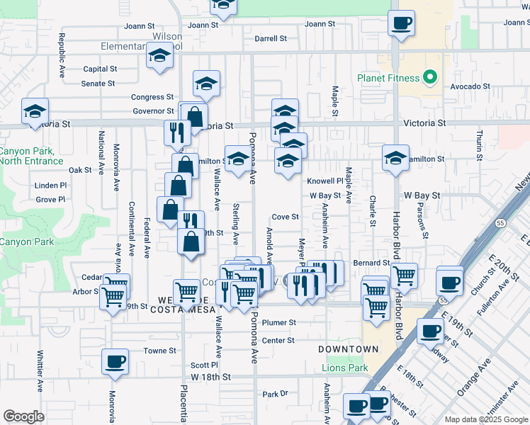 map of restaurants, bars, coffee shops, grocery stores, and more near 2021 Arnold Avenue in Costa Mesa
