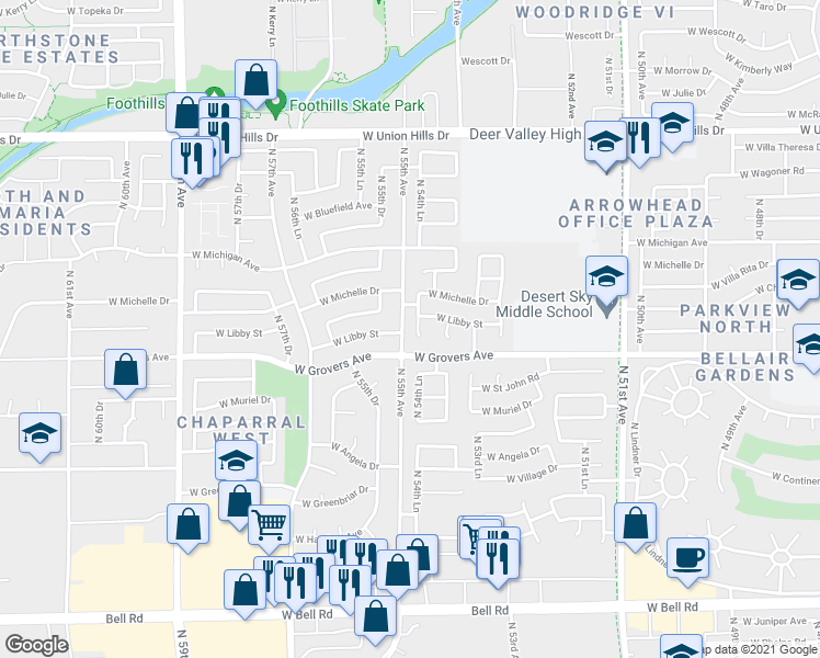 map of restaurants, bars, coffee shops, grocery stores, and more near 17824 North 54th Lane in Glendale