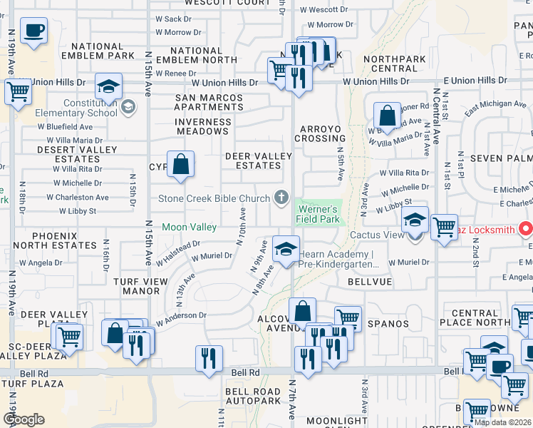 map of restaurants, bars, coffee shops, grocery stores, and more near 17816 North 8th Drive in Phoenix