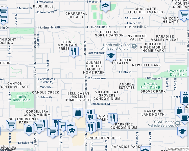 map of restaurants, bars, coffee shops, grocery stores, and more near 1631 East Libby Street in Phoenix