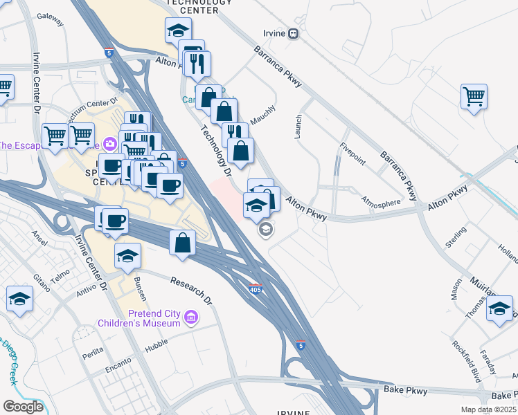 map of restaurants, bars, coffee shops, grocery stores, and more near 1 Technology Drive in Irvine