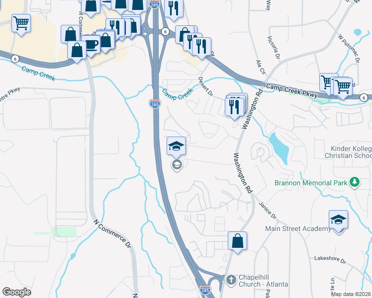 map of restaurants, bars, coffee shops, grocery stores, and more near 5622 Laurel Ridge Drive in East Point