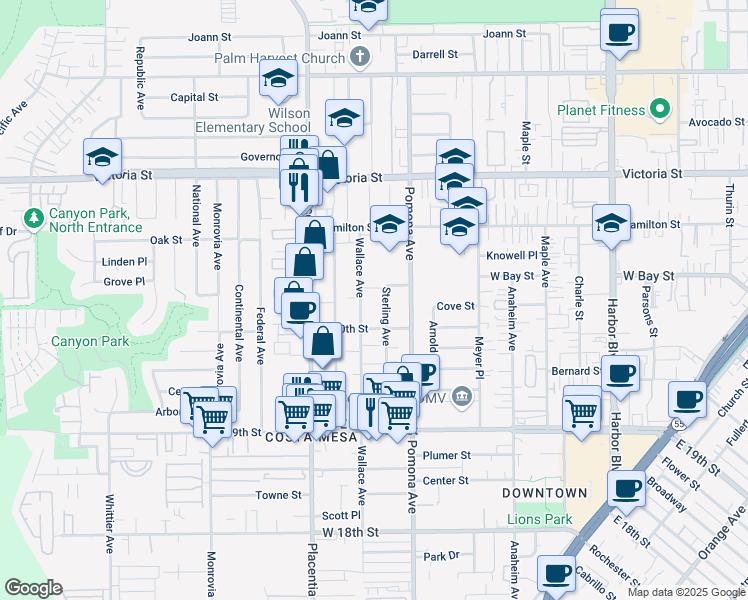 map of restaurants, bars, coffee shops, grocery stores, and more near 2028 Wallace Avenue in Costa Mesa