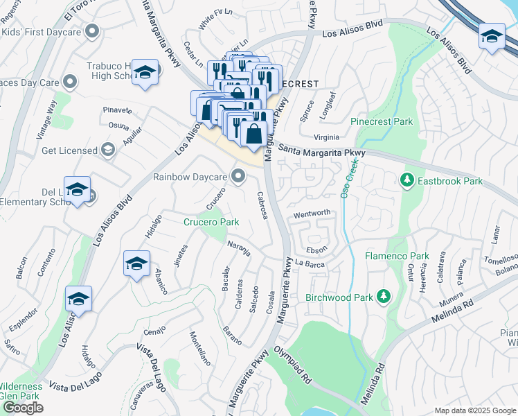 map of restaurants, bars, coffee shops, grocery stores, and more near 21691 Cabrosa in Mission Viejo