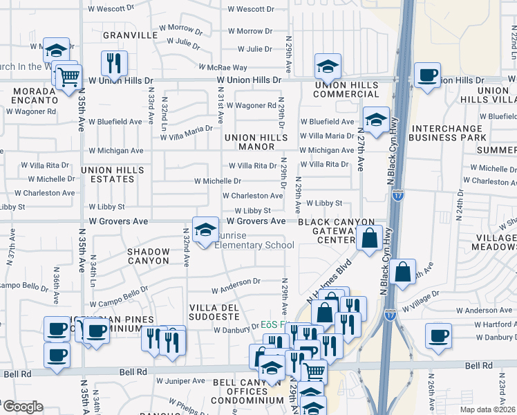 map of restaurants, bars, coffee shops, grocery stores, and more near 2954 West Libby Street in Phoenix