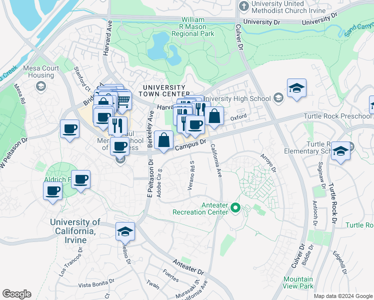 map of restaurants, bars, coffee shops, grocery stores, and more near 9000 Adobe Circle in Irvine