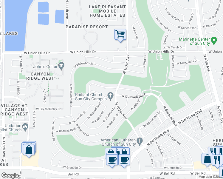 map of restaurants, bars, coffee shops, grocery stores, and more near 10709 West Mimosa Drive in Sun City
