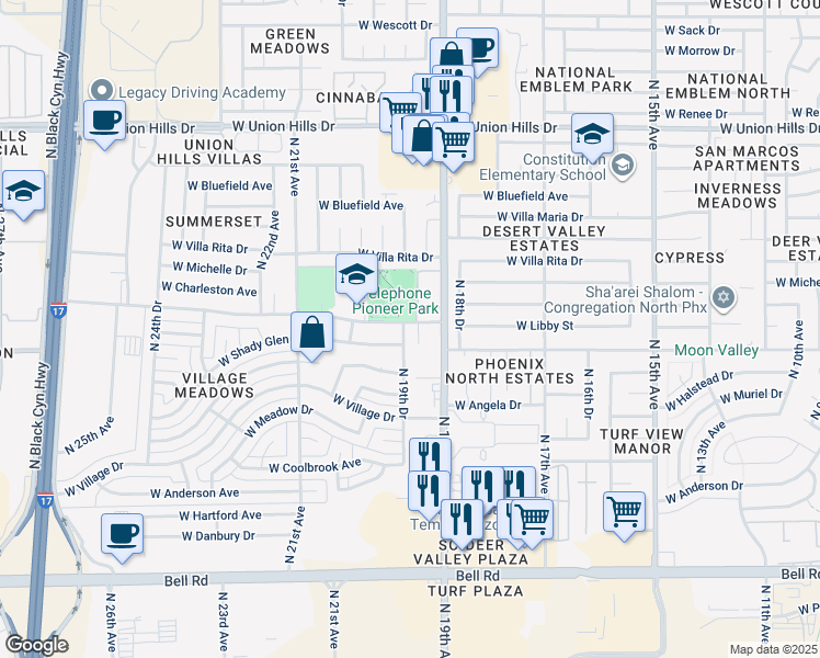 map of restaurants, bars, coffee shops, grocery stores, and more near 17821 North 19th Drive in Phoenix