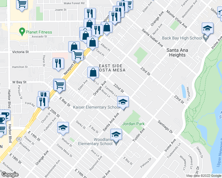 map of restaurants, bars, coffee shops, grocery stores, and more near 232 Camellia Lane in Costa Mesa