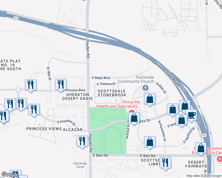 map of restaurants, bars, coffee shops, grocery stores, and more near 8160 East Maria Way in Scottsdale