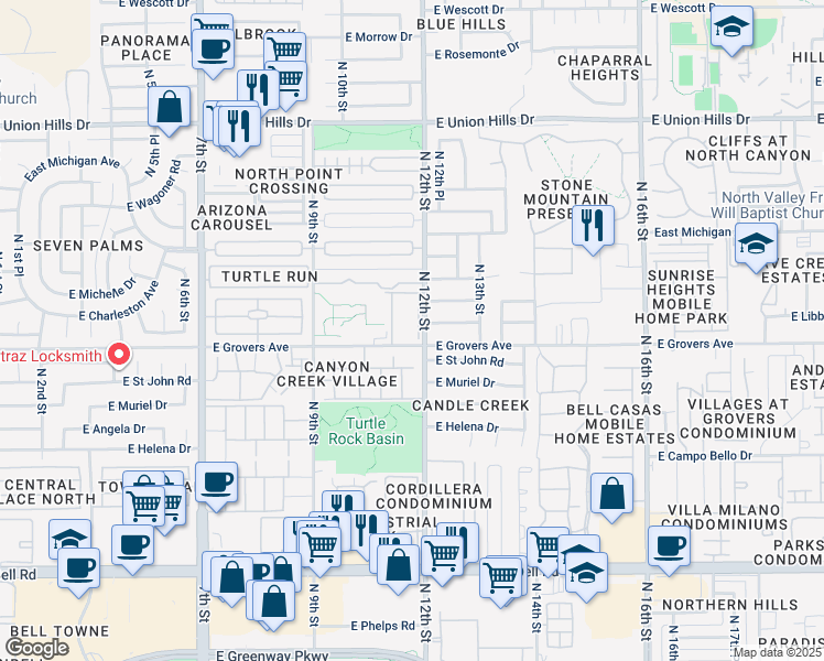 map of restaurants, bars, coffee shops, grocery stores, and more near 1130 East Grovers Avenue in Phoenix