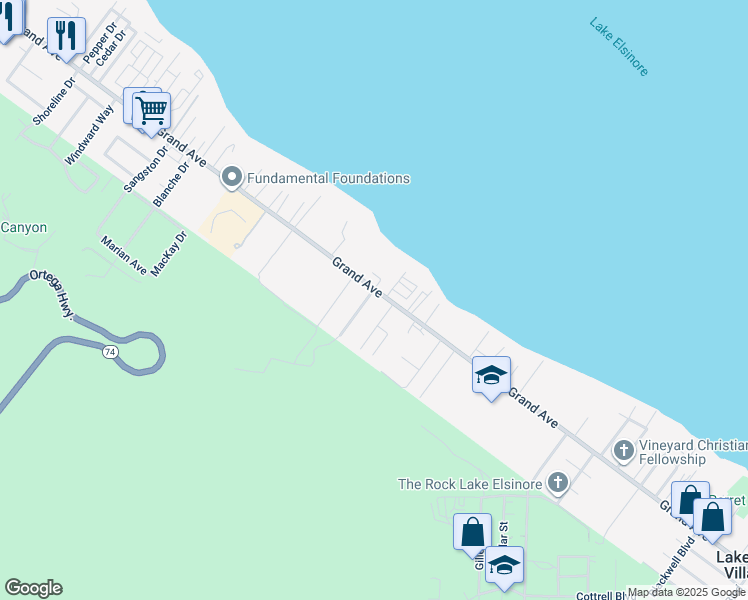 map of restaurants, bars, coffee shops, grocery stores, and more near Garner Road in Lake Elsinore