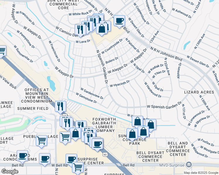 map of restaurants, bars, coffee shops, grocery stores, and more near 13535 West Hyacinth Drive in Sun City West
