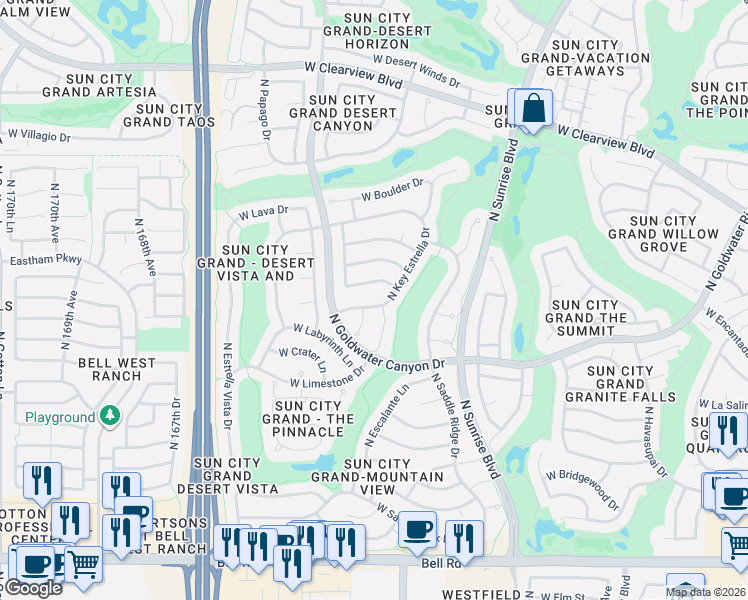 map of restaurants, bars, coffee shops, grocery stores, and more near 18021 North Key Estrella Drive in Surprise