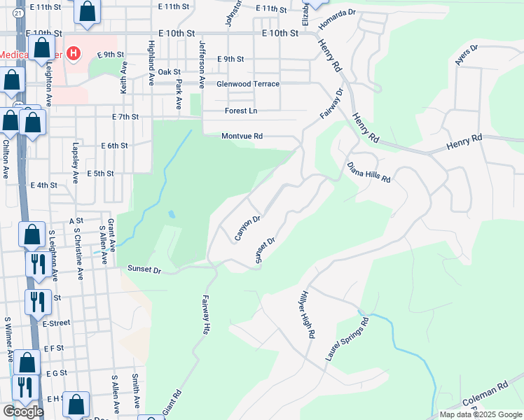 map of restaurants, bars, coffee shops, grocery stores, and more near 215 Canyon Drive in Anniston