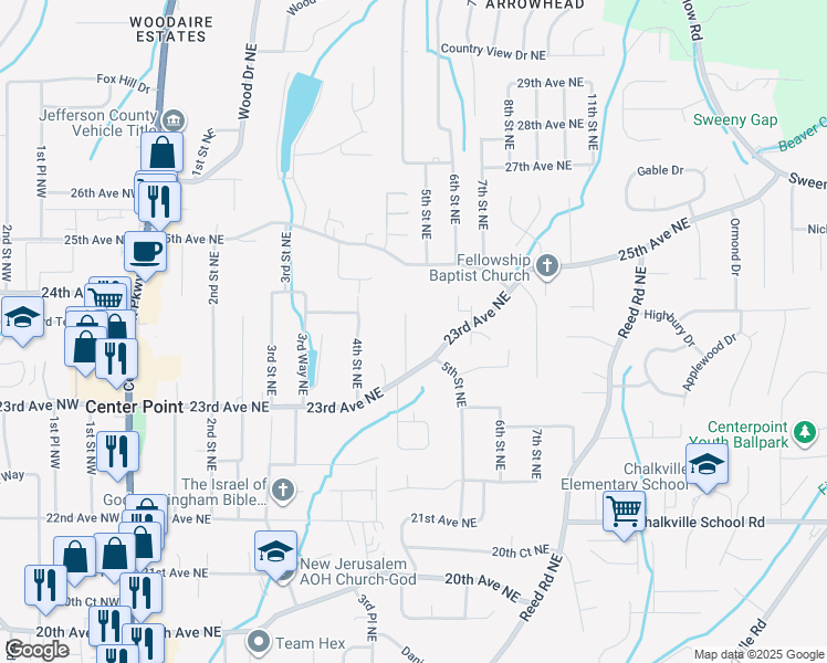 map of restaurants, bars, coffee shops, grocery stores, and more near 2315 4th Place Northeast in Center Point