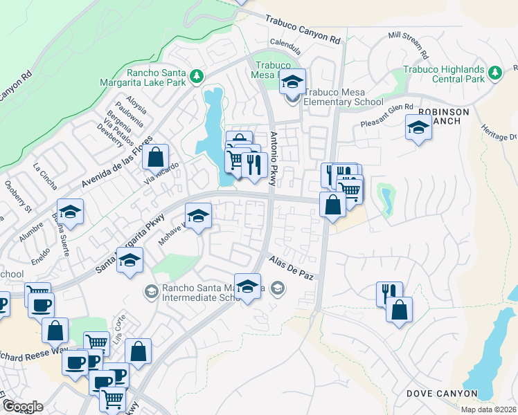 map of restaurants, bars, coffee shops, grocery stores, and more near 13 Vía Honrado in Rancho Santa Margarita