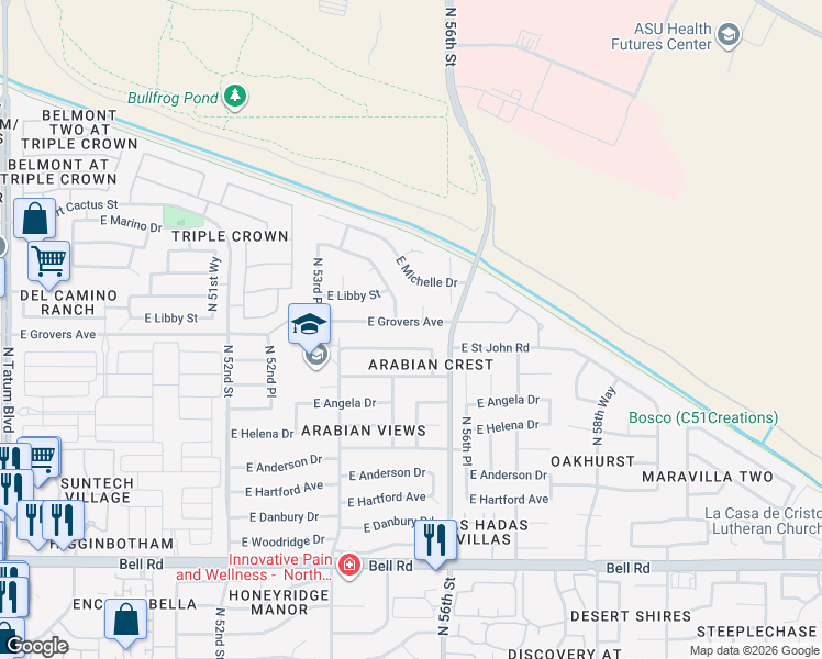 map of restaurants, bars, coffee shops, grocery stores, and more near 5519 East Grovers Avenue in Scottsdale