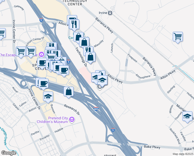 map of restaurants, bars, coffee shops, grocery stores, and more near 1 Technology Drive in Irvine