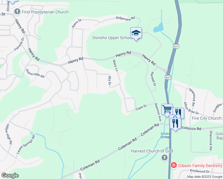 map of restaurants, bars, coffee shops, grocery stores, and more near 2412 Cloudview Drive in Anniston