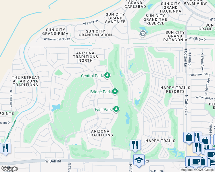 map of restaurants, bars, coffee shops, grocery stores, and more near 17628 West Weatherby Drive in Surprise