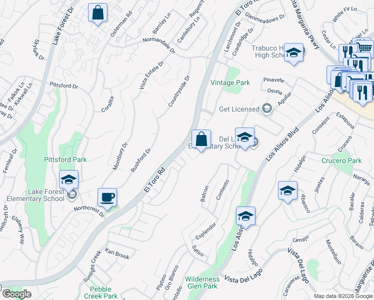 map of restaurants, bars, coffee shops, grocery stores, and more near 21661 Audubon Way in Lake Forest