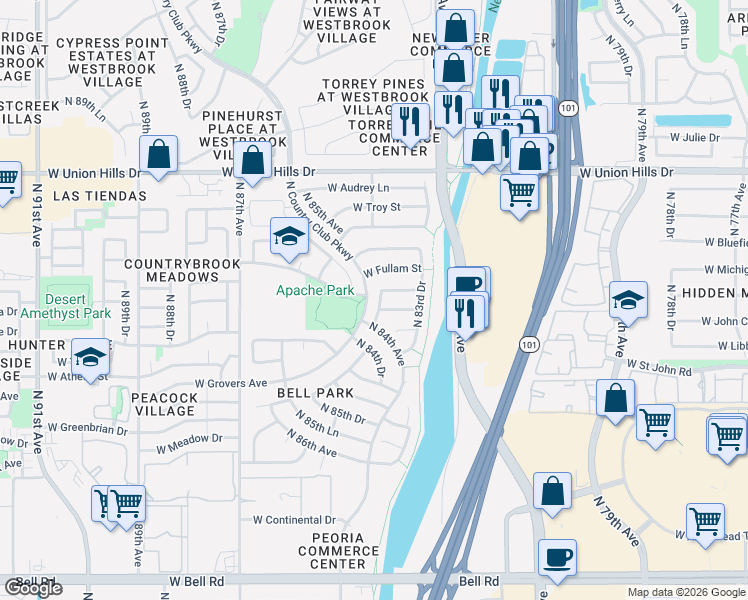 map of restaurants, bars, coffee shops, grocery stores, and more near 18062 North 83rd Lane in Peoria