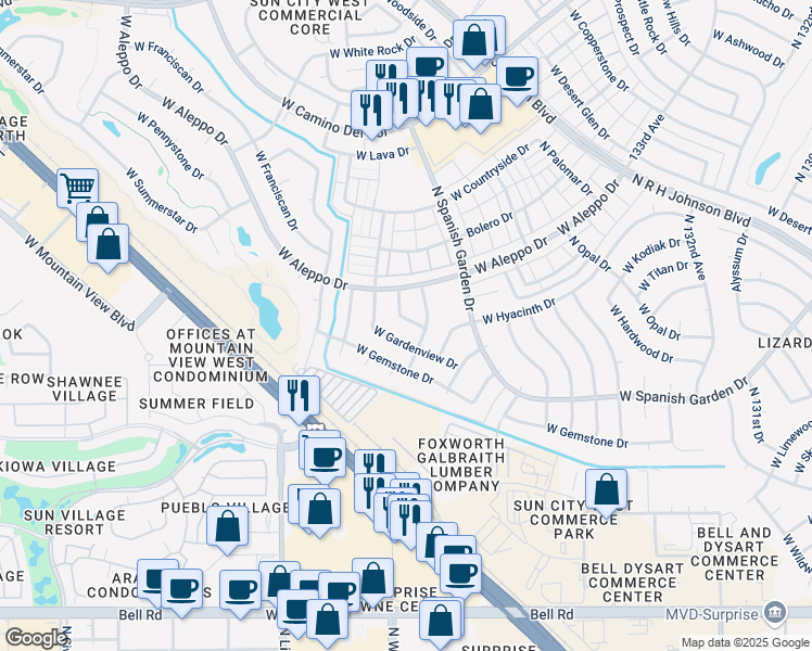 map of restaurants, bars, coffee shops, grocery stores, and more near 13635 West Banjo Drive in Sun City West