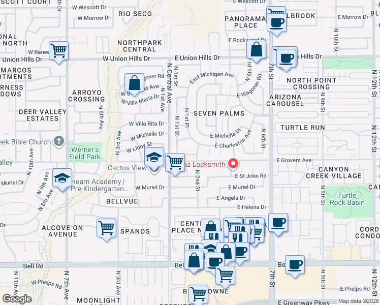 map of restaurants, bars, coffee shops, grocery stores, and more near 17823 North 1st Place in Phoenix