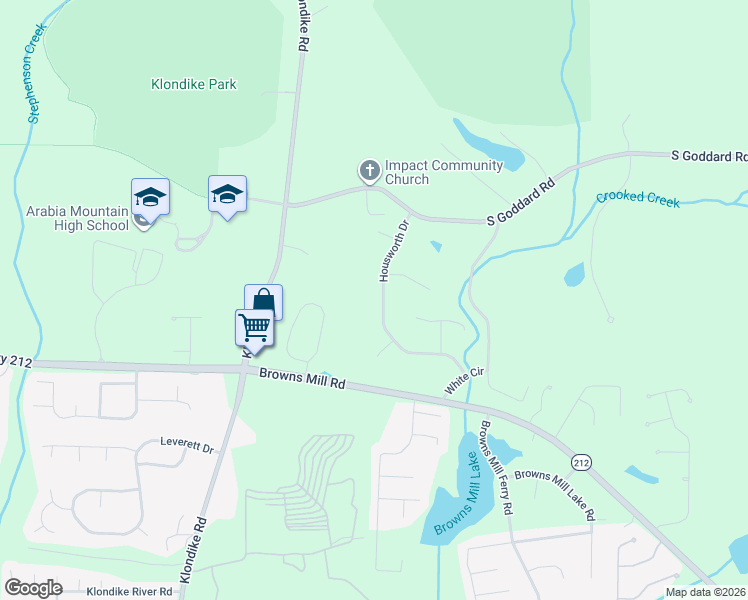 map of restaurants, bars, coffee shops, grocery stores, and more near 4409 Housworth Drive in Stonecrest