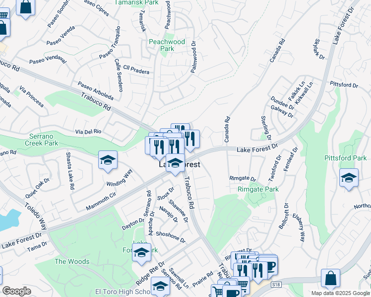 map of restaurants, bars, coffee shops, grocery stores, and more near 25435 Trabuco Road in Lake Forest
