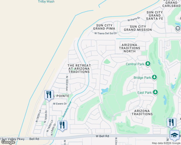 map of restaurants, bars, coffee shops, grocery stores, and more near 18024 North Coconino Drive in Surprise